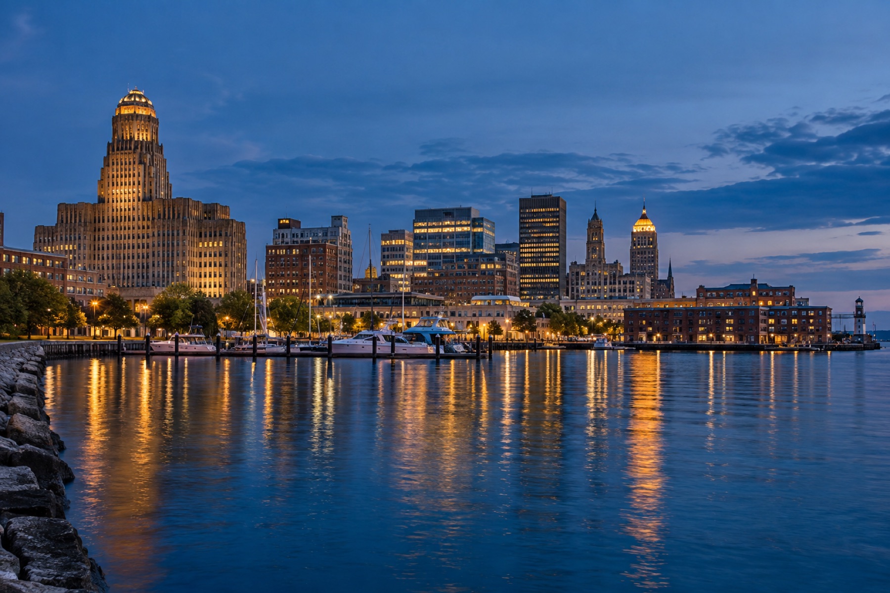 Buffalo skyline and waterfront at blue hour